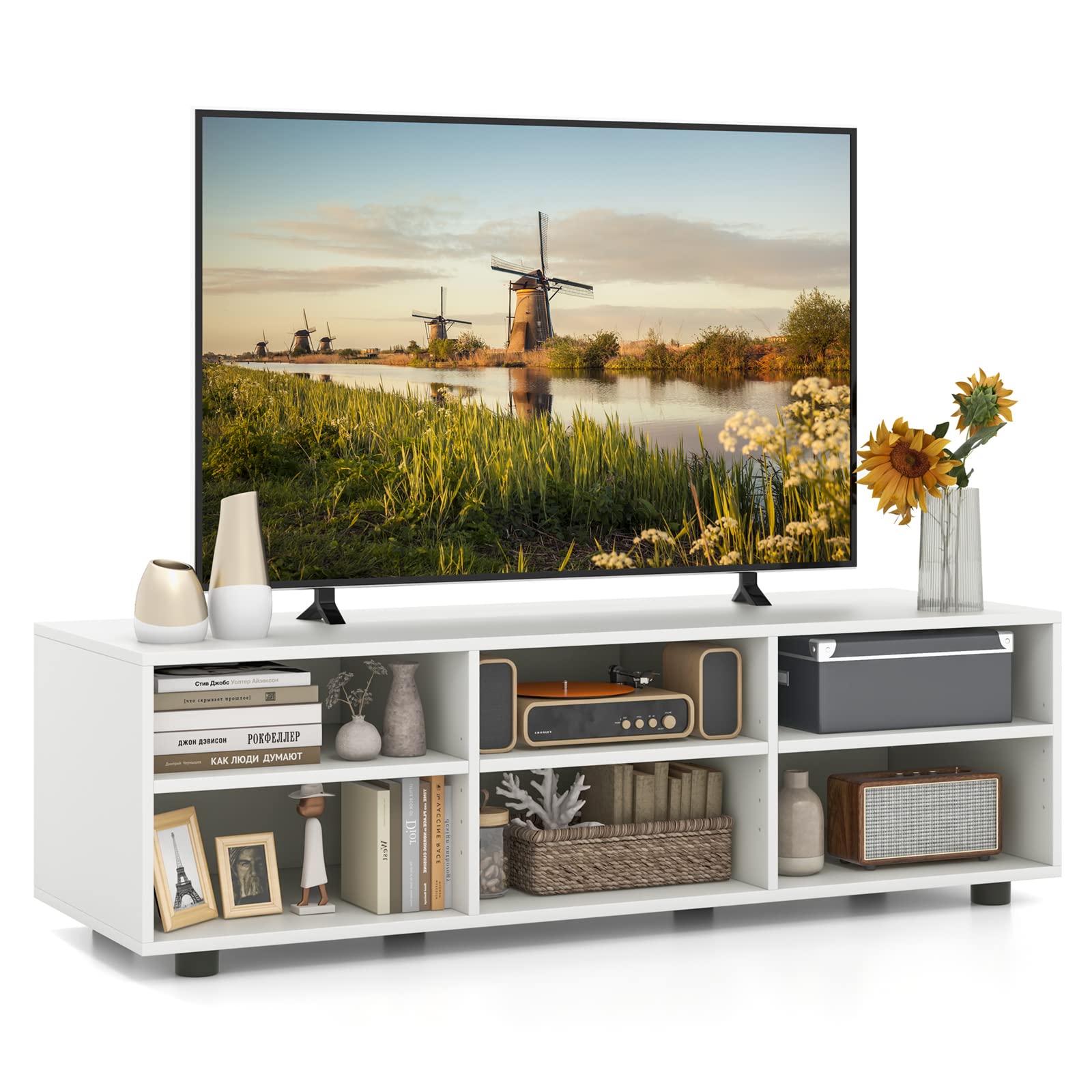 Meuble TV Tangkula avec 6 compartiments pour téléviseurs jusqu'à 55 pouces, meuble de divertissement en bois blanc avec 6 compartiments de rangement et 5 étagères réglables